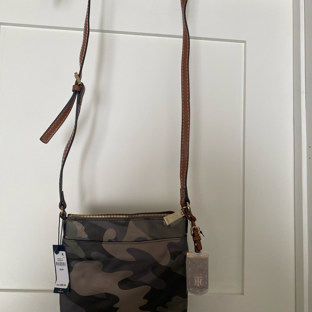 Camouflage Crossbody Bag with Brown Strap